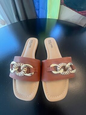 Solanz Brown Slide Sandals with Decorative Gold Chain